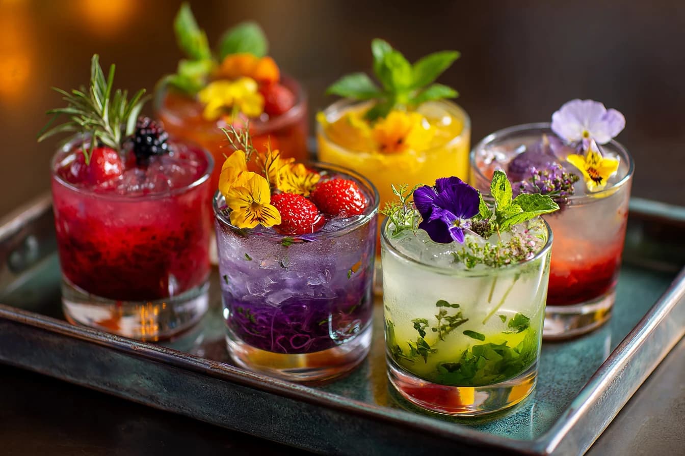 Ein elegantes Tablett mit sechs farbenfrohen alkoholfreien Cocktails, garniert mit frischen Früchten, Kräutern und essbaren Blüten