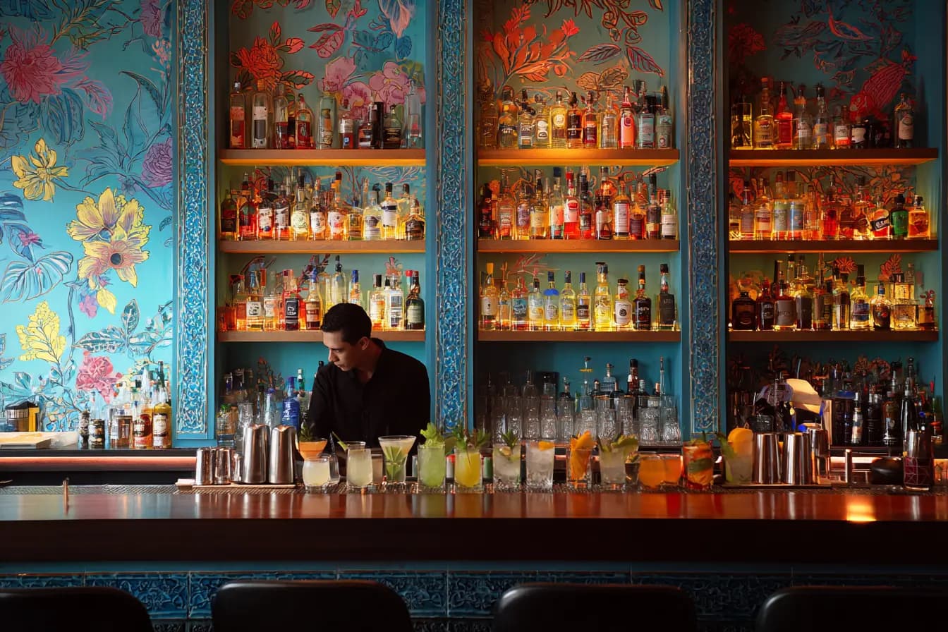 Eine stilvolle Bar mit einer Auswahl farbenfroher Cocktails und einem Barkeeper in Aktion.