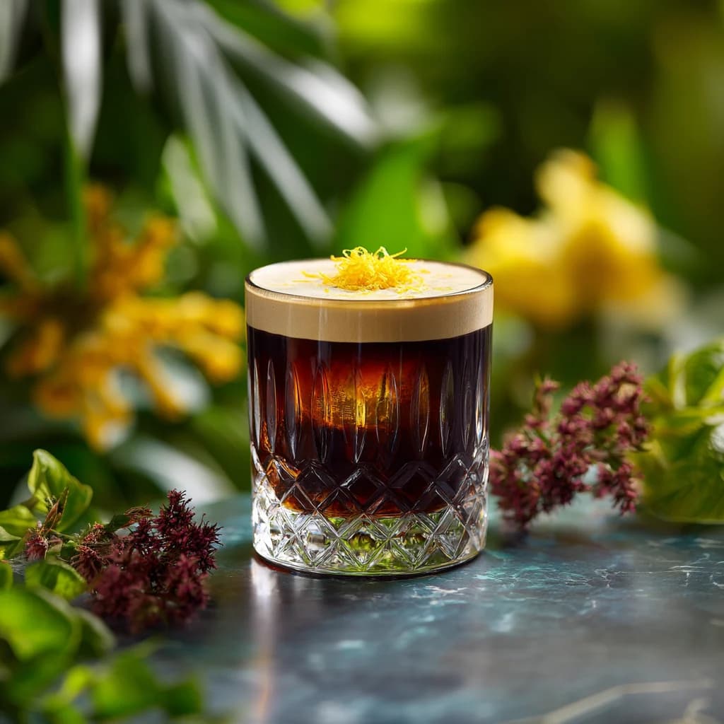 Ein zweifarbiger Carajillo Cocktail in einem Glas mit Eis, bei dem der dunkle Espresso auf dem klaren Likör schwimmt.