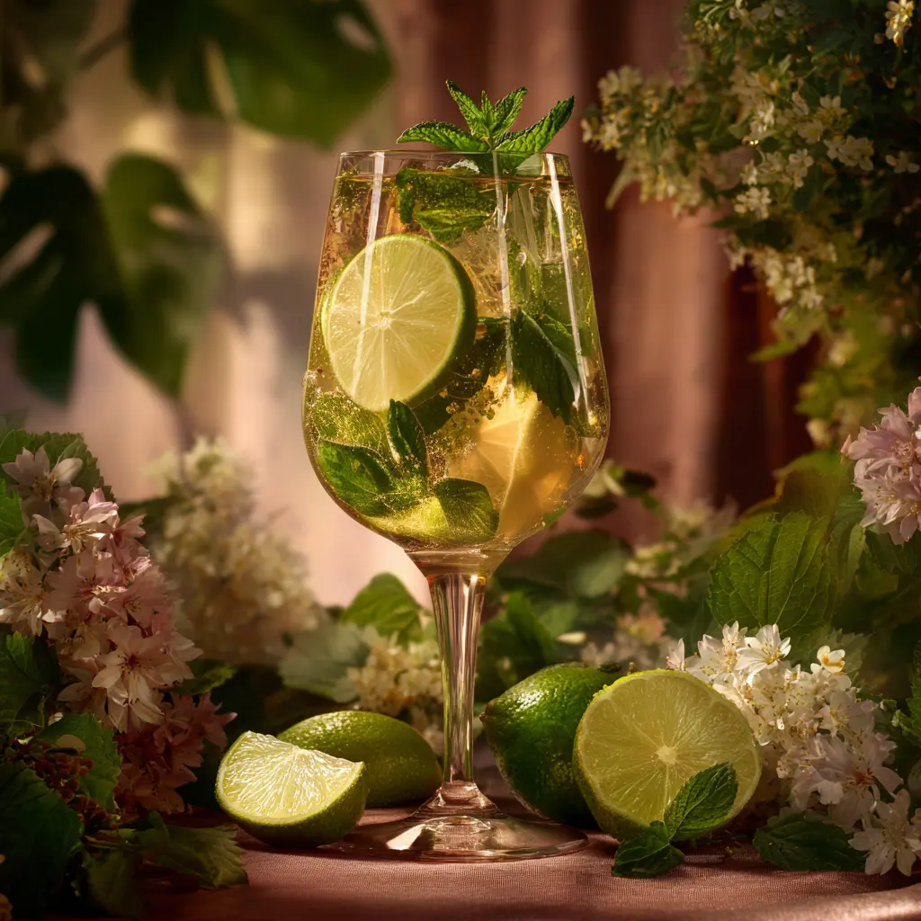 Ein Hugo Spritz in einem Weinglas mit Minze, Limettenscheiben und Eis.