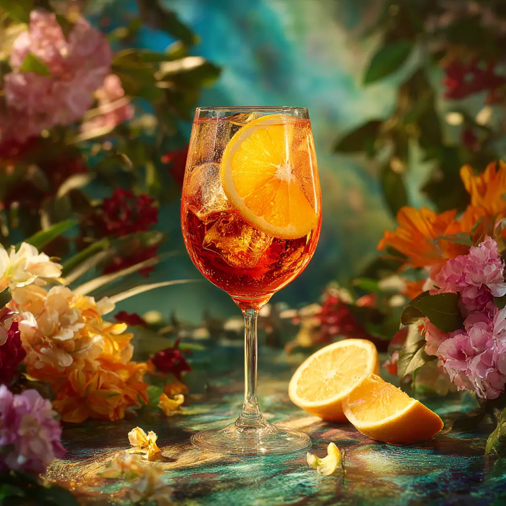 Ein oranger, alkoholfreier Italian Spritz Zero in einem Weinglas mit einer Orangenscheibe.